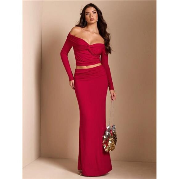 Twist Knot Solid Color Long Sleeve Top + High Waist Ruched Fishtail Skirt - Picture 3 of 5